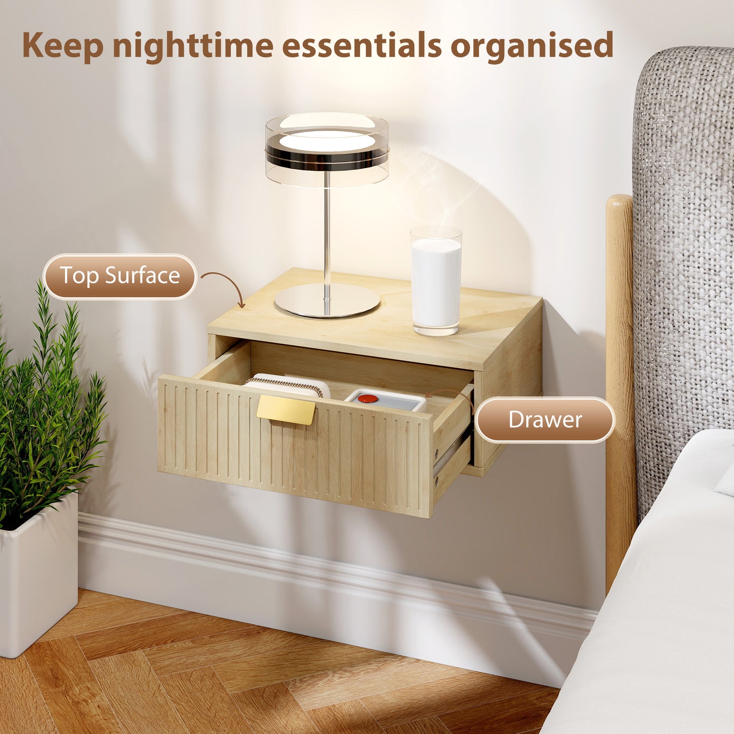 Modern Floating Nightstands Set of 2, Wall Mounted Bedside Tables with Wave Drawer for Bedroom and Living Room, 40W x 30D x 15H cm, Oak
