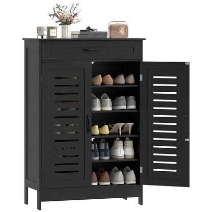 Modern Shoe Storage Cabinet with Louvered Doors and Drawer, Black