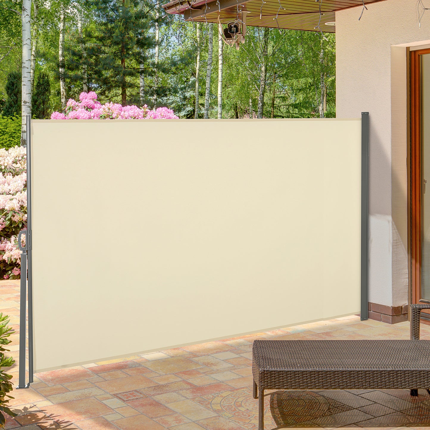 Retractable Sun Side Awning Screen Fence Patio Garden Wall Balcony Screening Panel Outdoor Blind Privacy Divider (3x1.6M, Cream White)