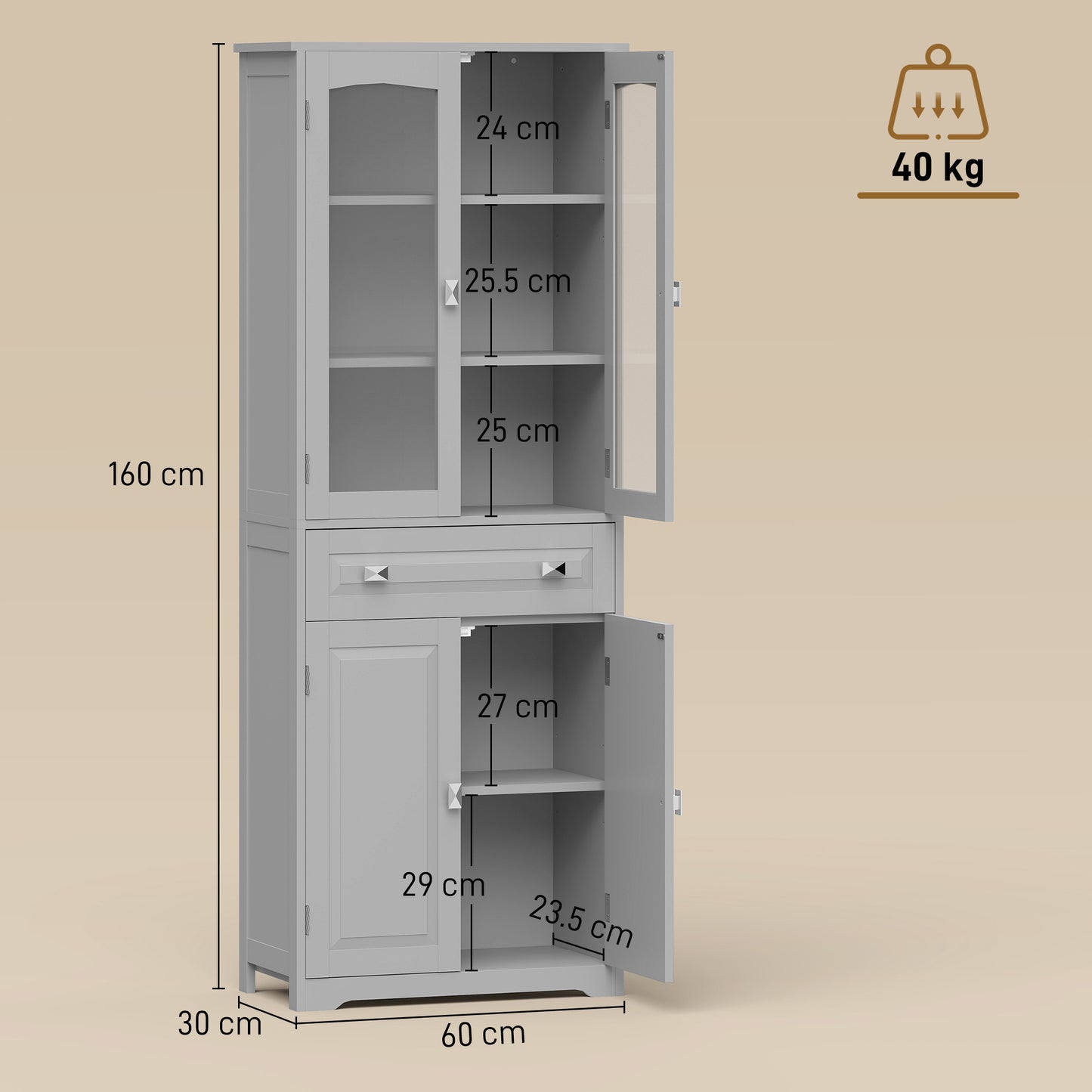 Kitchen Cupboard Storage Cabinet Adjustable Shelves, Glass Door, Grey