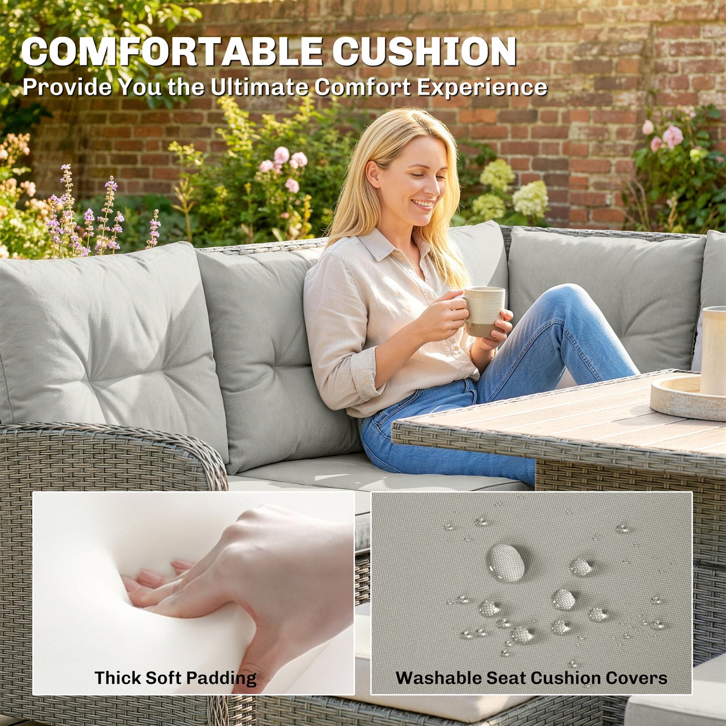 6 PCs Rattan Garden Furniture Sectional Corner Sofa, Dark Grey