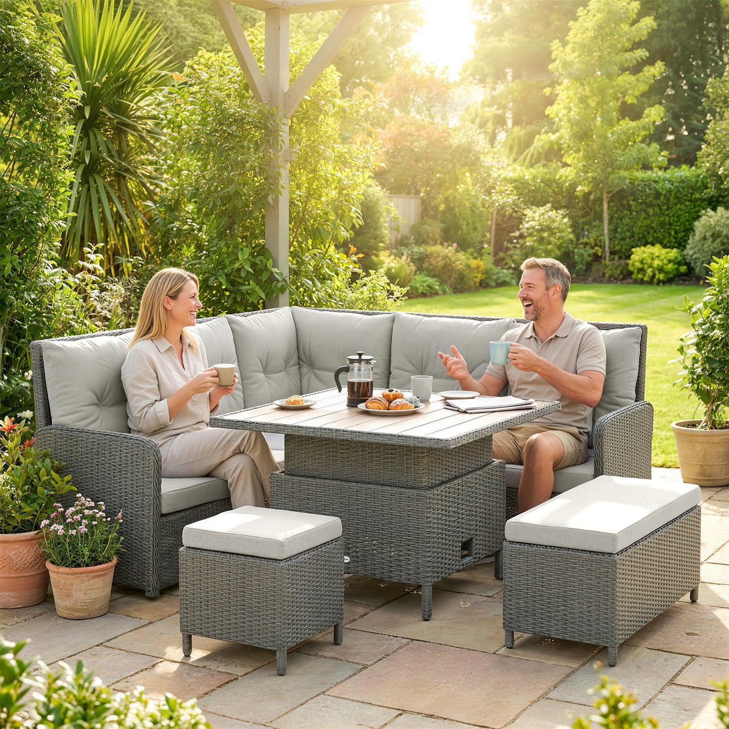 6 PCs Rattan Garden Furniture Sectional Corner Sofa, Dark Grey