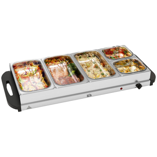 Electric Food Warmer 5 Tray, 9.2L Buffet Server with Lids, Silver