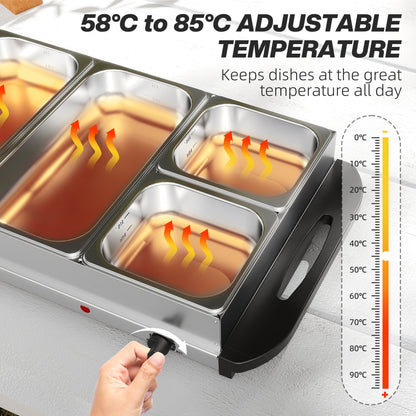 Electric Food Warmer 5 Tray, 9.2L Buffet Server with Lids, Silver