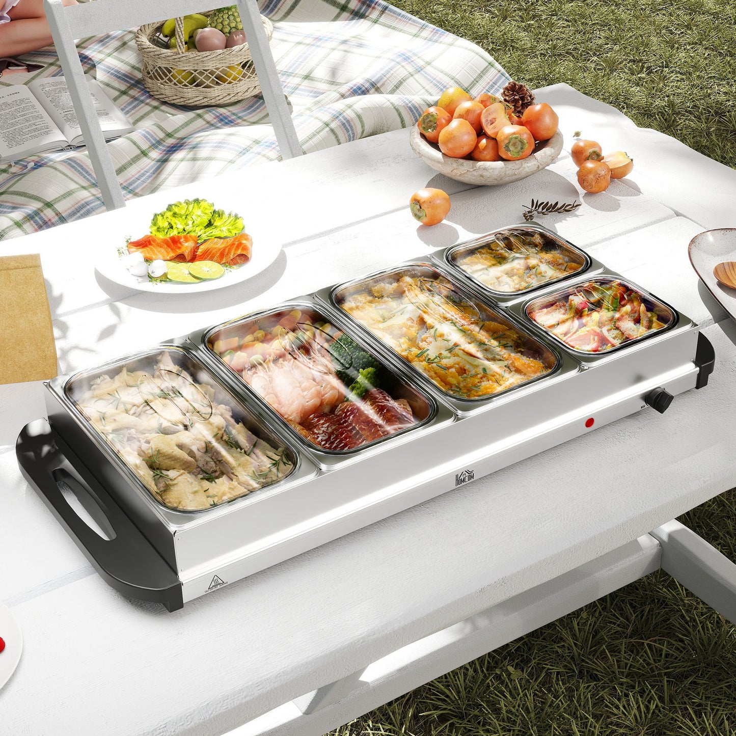 Electric Food Warmer 5 Tray, 9.2L Buffet Server with Lids, Silver