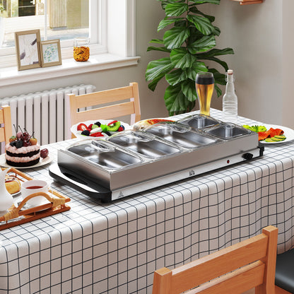 Electric Food Warmer 5 Tray, 9.2L Buffet Server with Lids, Silver