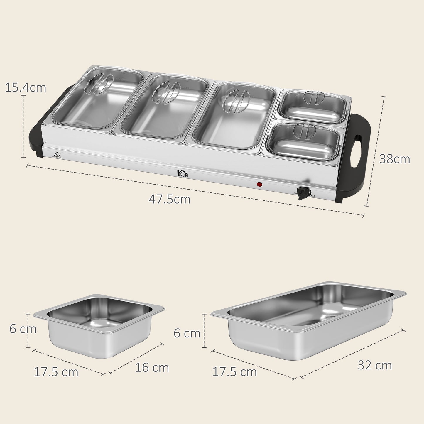 Electric Food Warmer 5 Tray, 9.2L Buffet Server with Lids, Silver