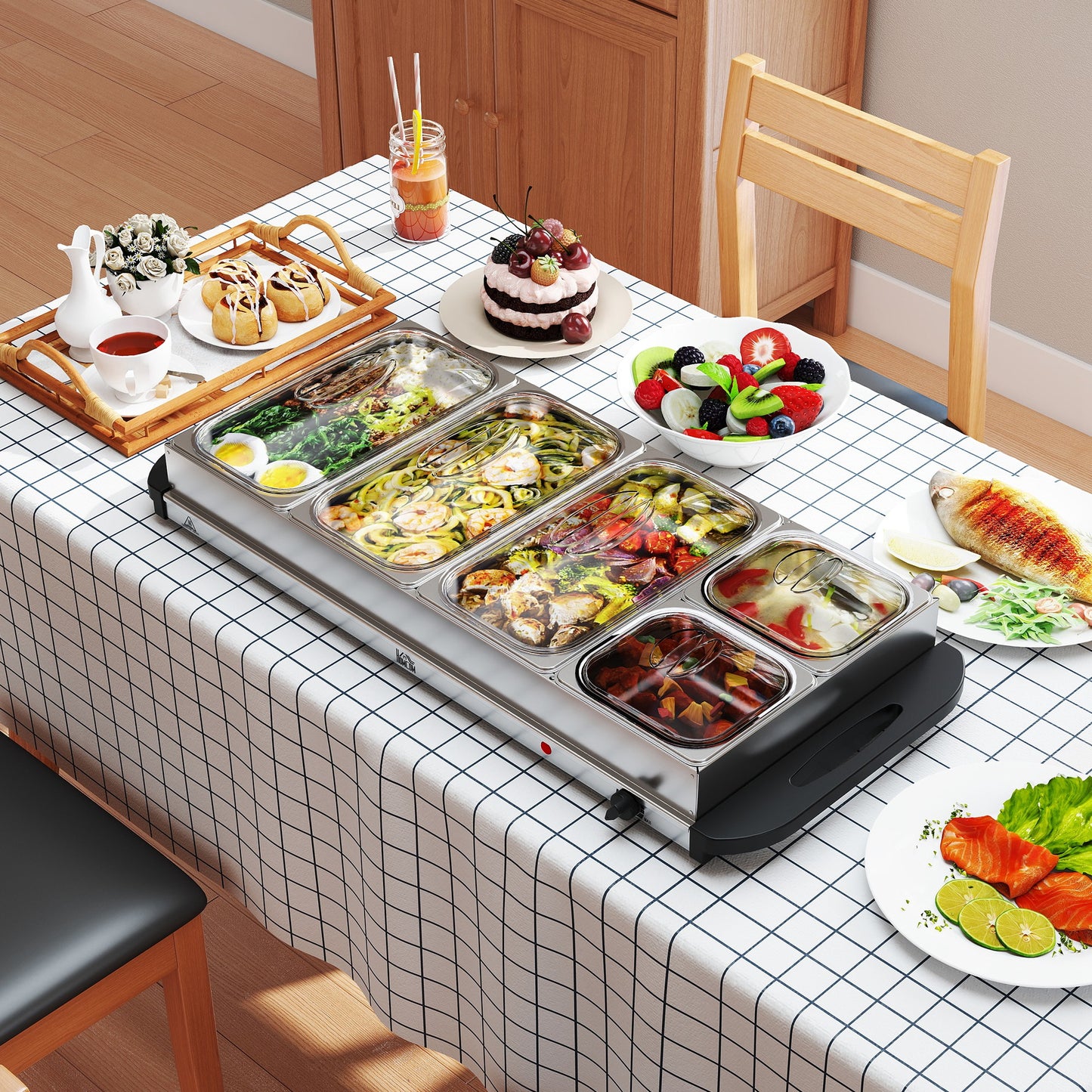 Electric Food Warmer 5 Tray, 9.2L Buffet Server with Lids, Silver