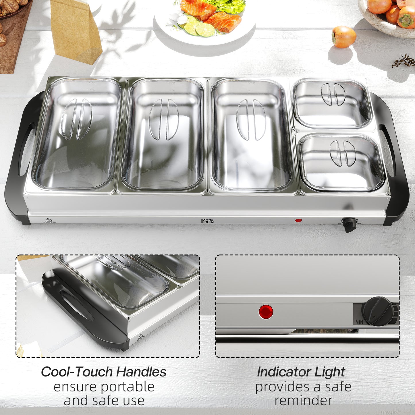 Electric Food Warmer 5 Tray, 9.2L Buffet Server with Lids, Silver