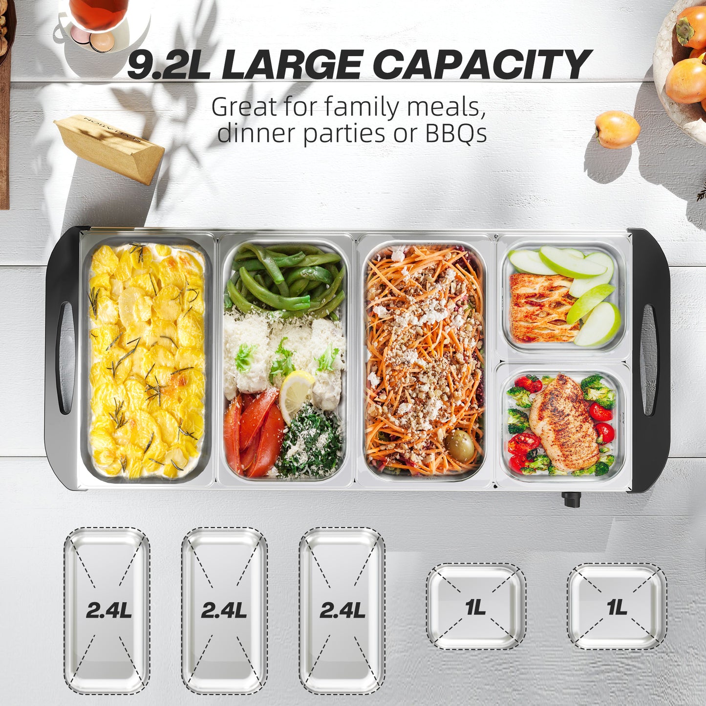 Electric Food Warmer 5 Tray, 9.2L Buffet Server with Lids, Silver