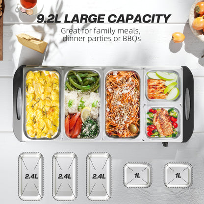 Electric Food Warmer 5 Tray, 9.2L Buffet Server with Lids, Silver