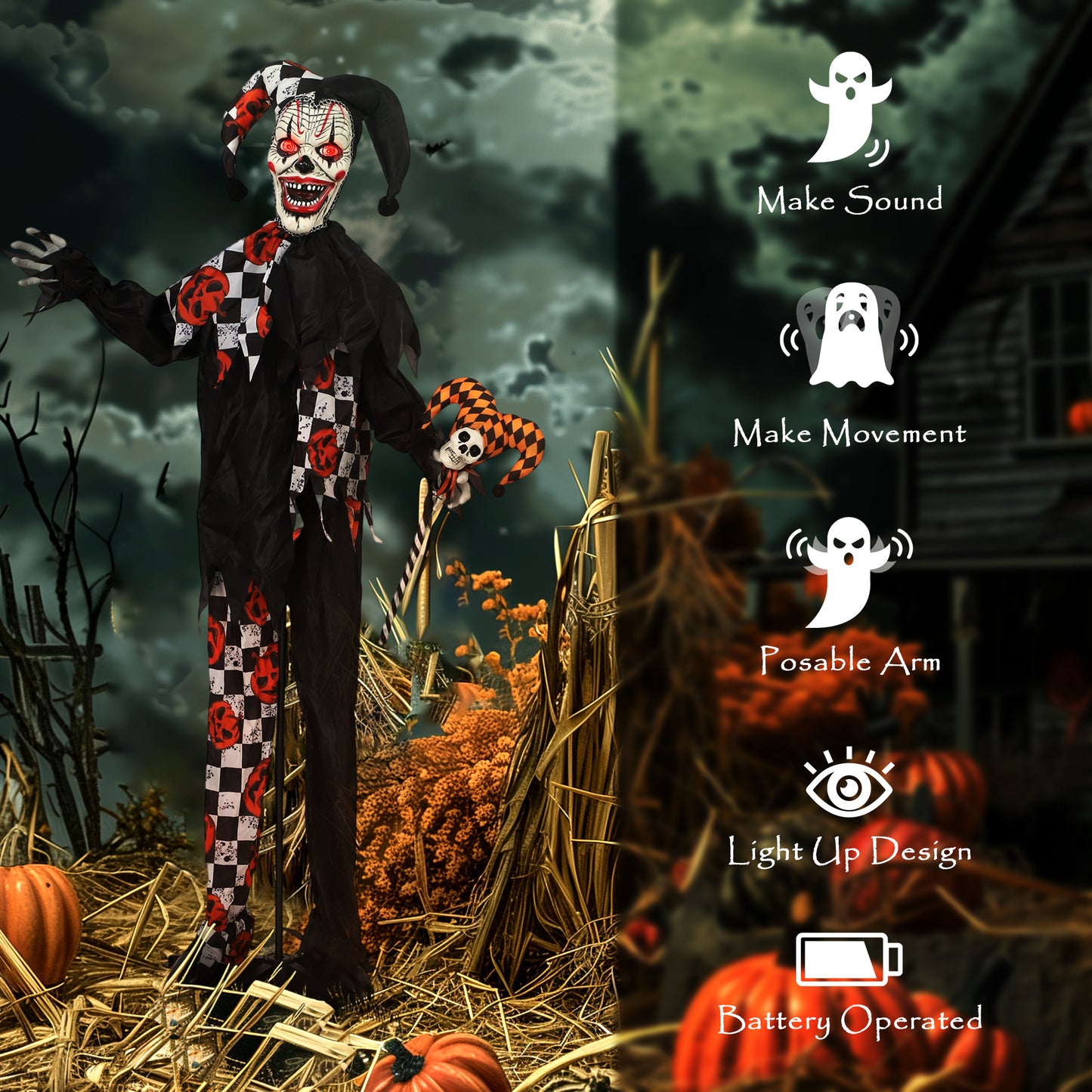 Sound Activated Halloween Animatronics Clown with Red Light Up Eyes