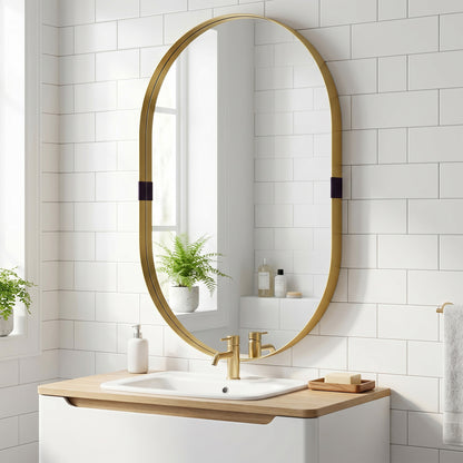Wall Mirror with Elevated Aluminium Alloy Frame, 60 x 90 cm Bathroom Mirror with Tempered Glass for Living Room, Bedroom, Hallway, Gold Tone