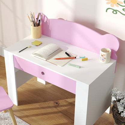 Kids Desk and Chair Set, Children Writing Table with Drawer, Pink