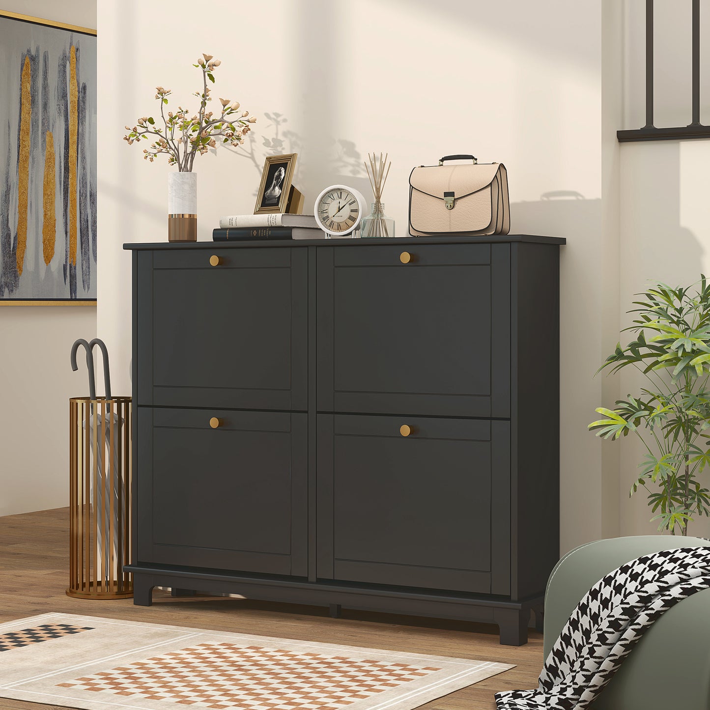 Narrow Shoe Cabinet with 4 Flip Drawers Adjustable Shelves, Black