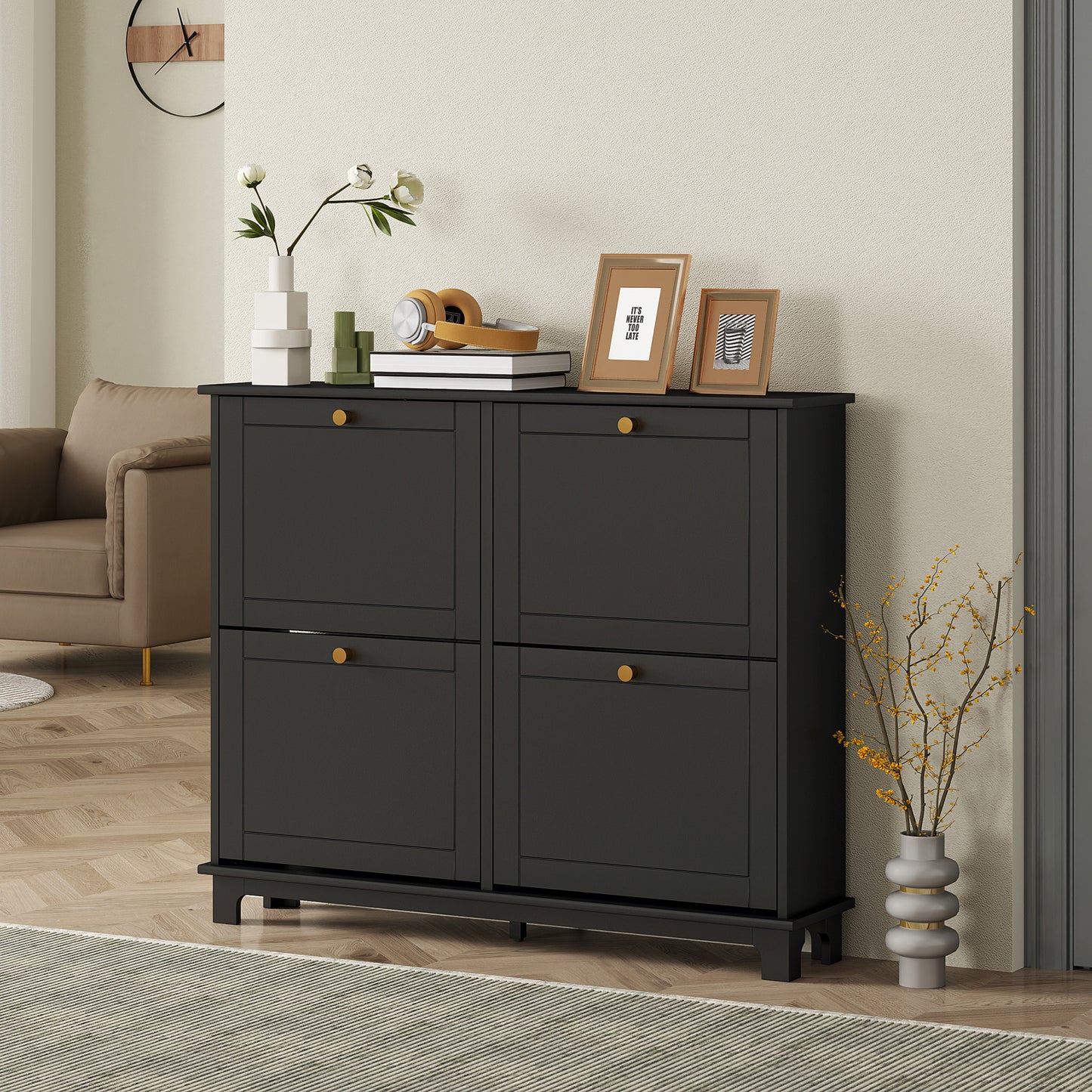 Narrow Shoe Cabinet with 4 Flip Drawers Adjustable Shelves, Black
