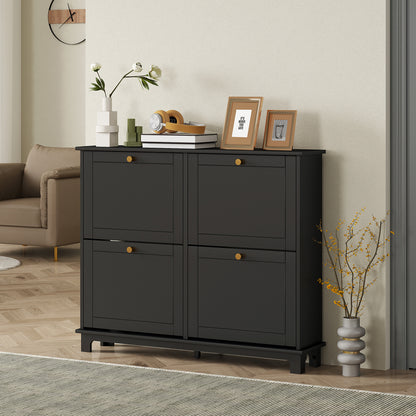 Narrow Shoe Cabinet with 4 Flip Drawers Adjustable Shelves, Black