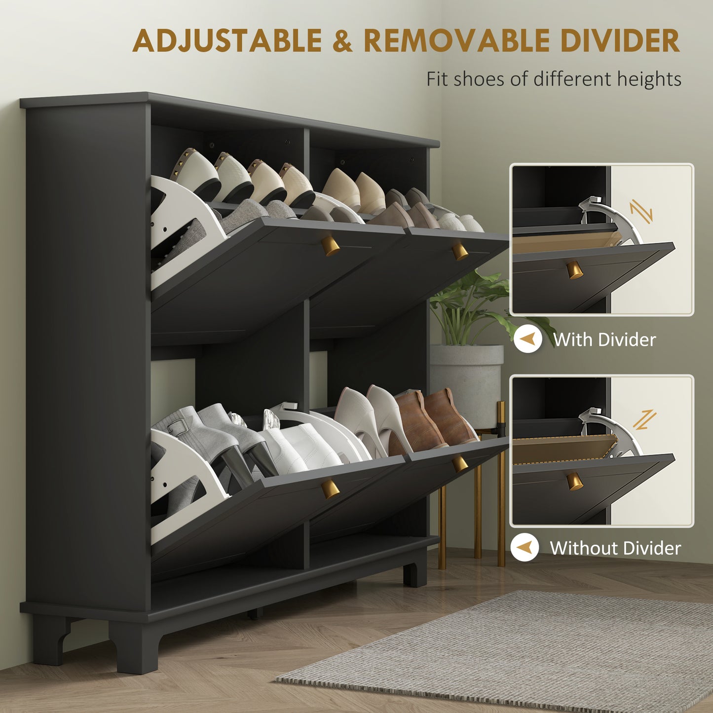 Narrow Shoe Cabinet with 4 Flip Drawers Adjustable Shelves, Black