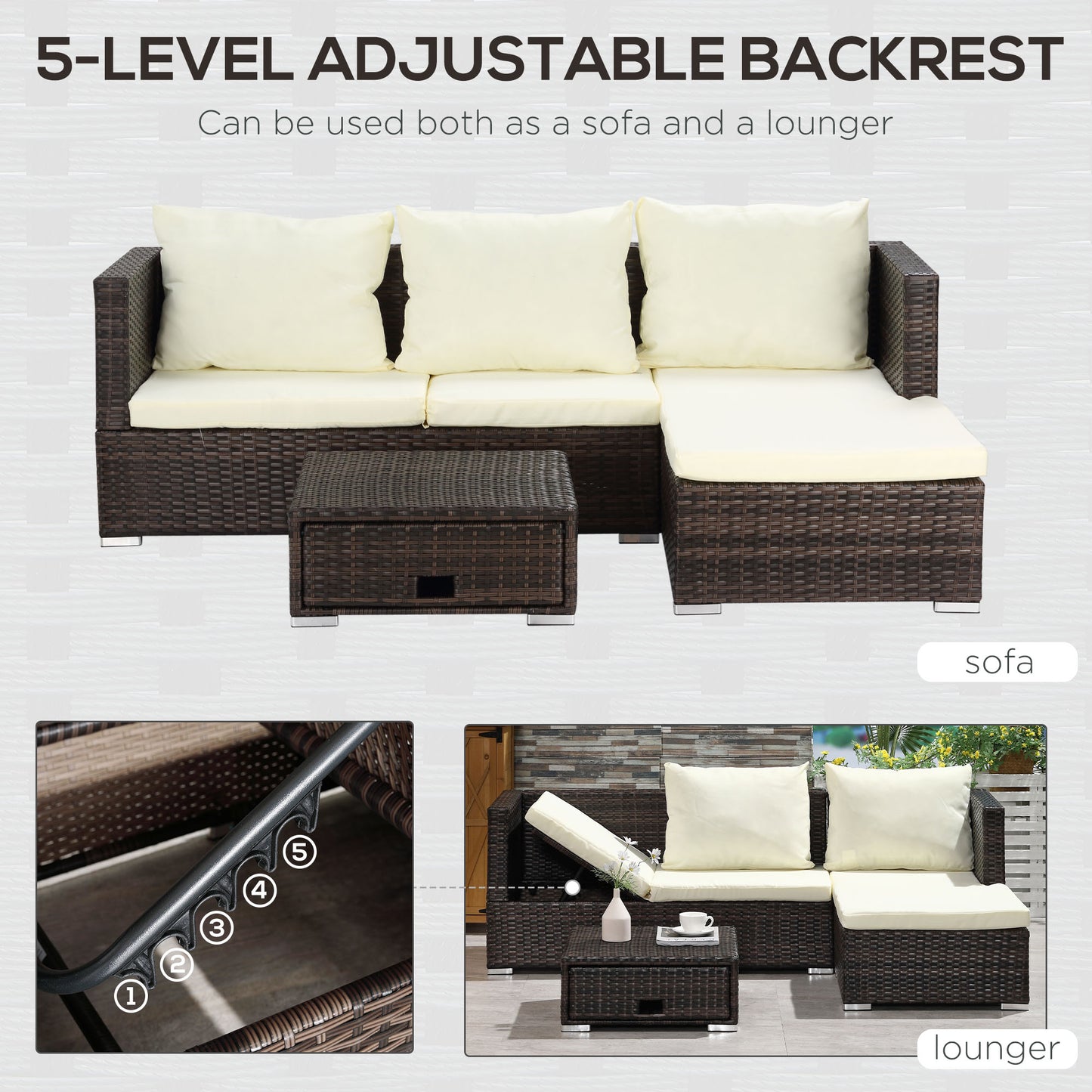Rattan Garden Set Storage Table Wicker Patio Lounger 4-Seater Brow