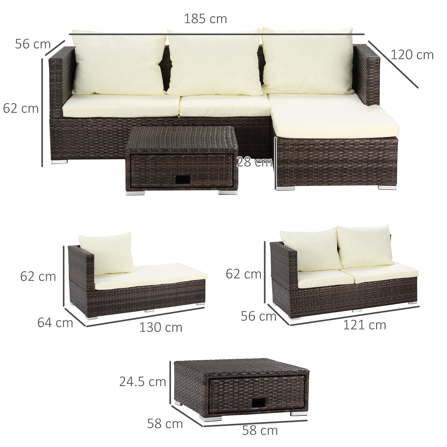 Rattan Garden Set Storage Table Wicker Patio Lounger 4-Seater Brow