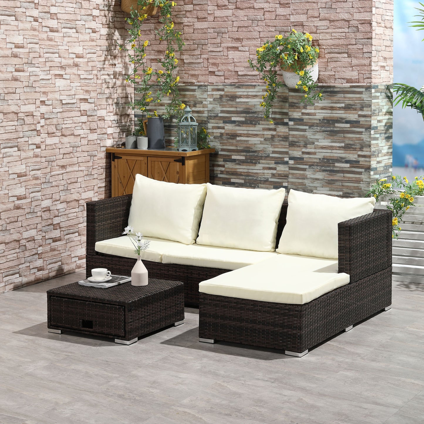 Rattan Garden Set Storage Table Wicker Patio Lounger 4-Seater Brow