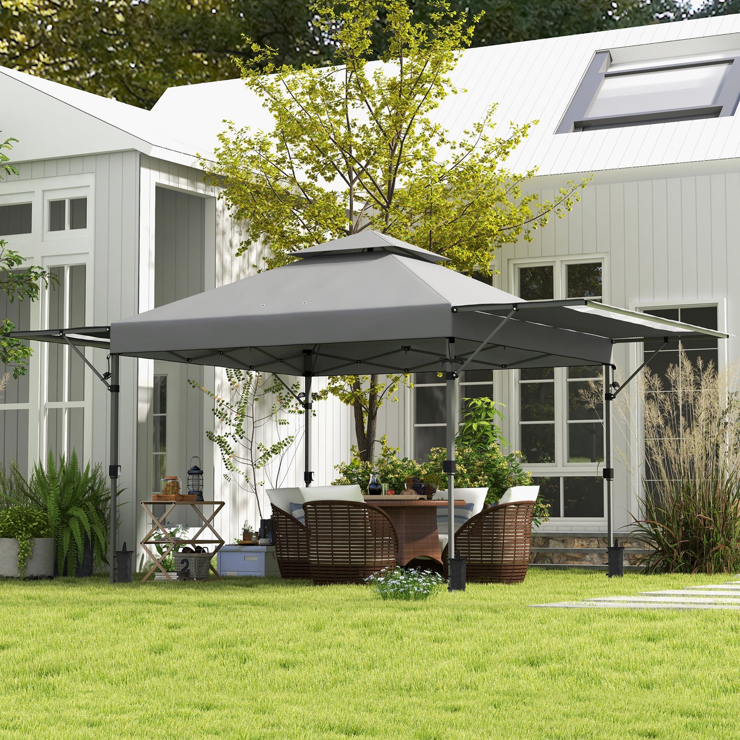 5 x 3(m) Pop Up Gazebo with Extend Dual Awnings, 1 Person Easy up Marquee Party Tent with 1-Button Push, Double Roof, Sandbags,