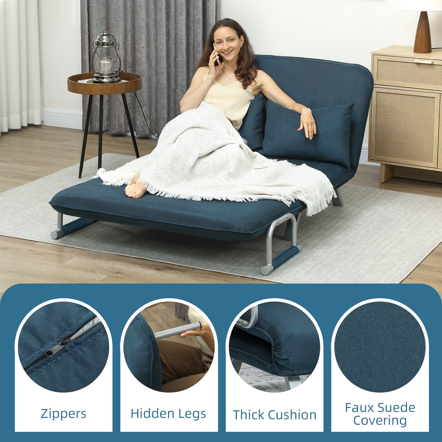 Fabric Convertible 2 Seater Sofa Bed w/ 2 Pillows, Navy Blue