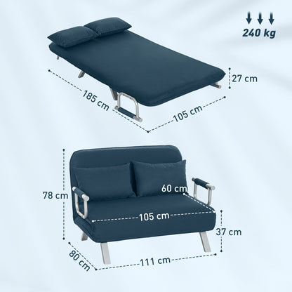 Fabric Convertible 2 Seater Sofa Bed w/ 2 Pillows, Navy Blue