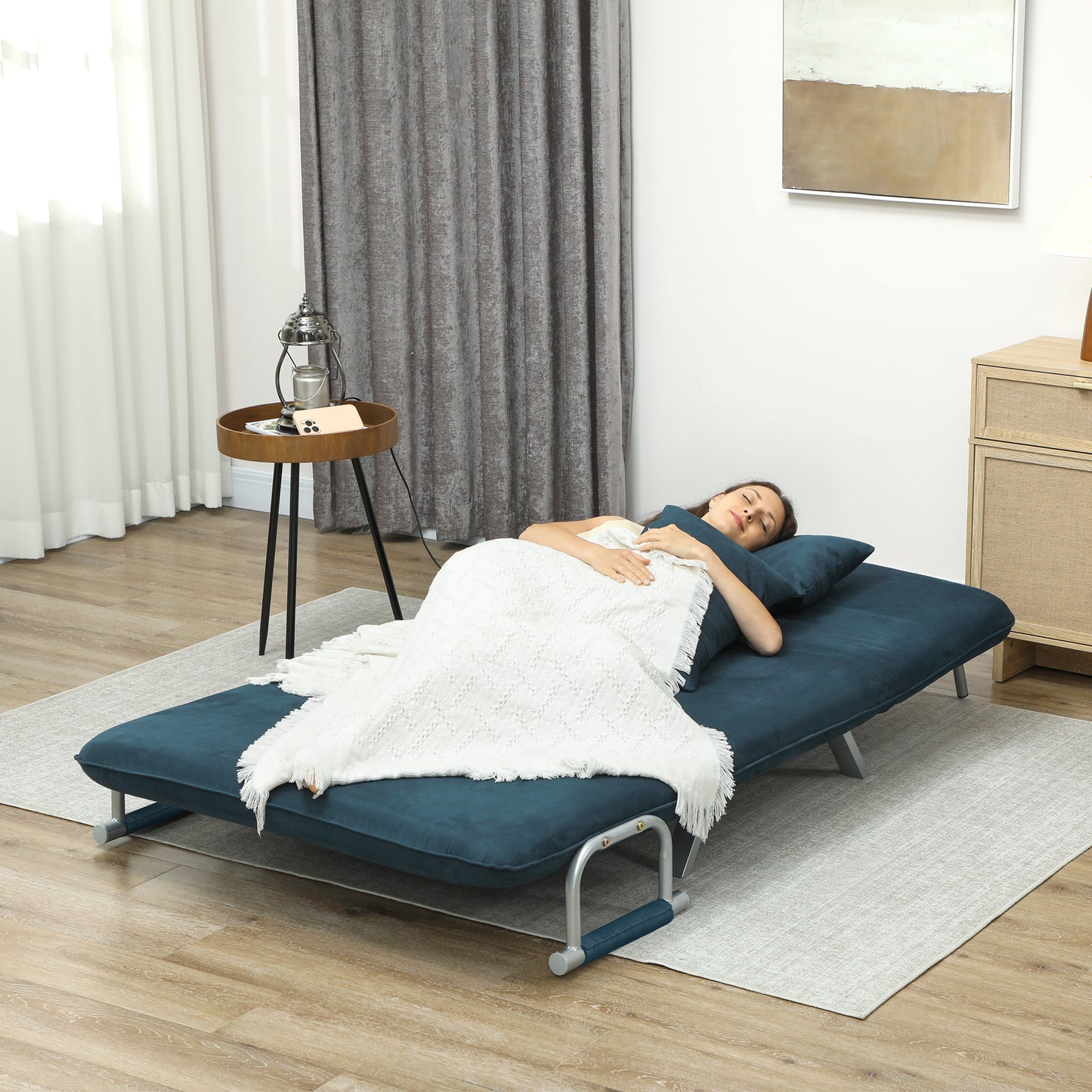 Fabric Convertible 2 Seater Sofa Bed w/ 2 Pillows, Navy Blue