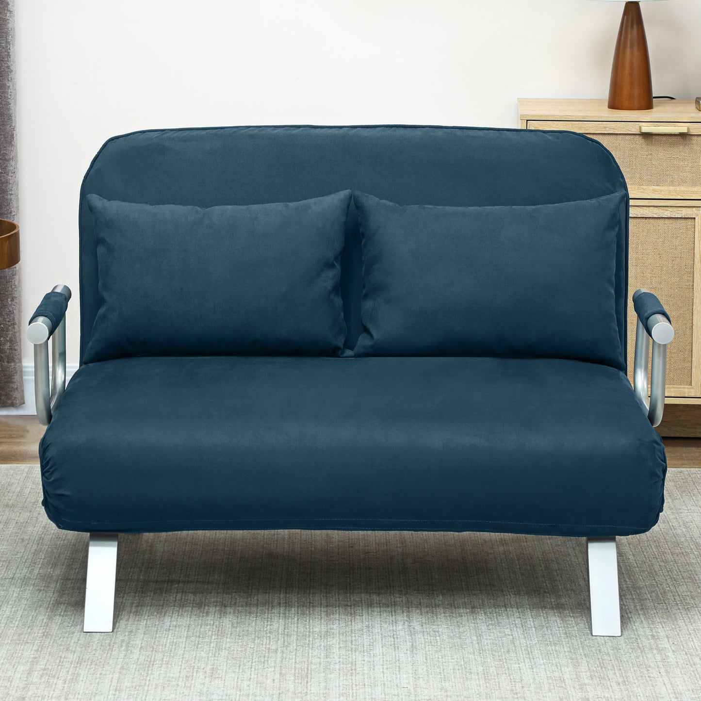 Fabric Convertible 2 Seater Sofa Bed w/ 2 Pillows, Navy Blue