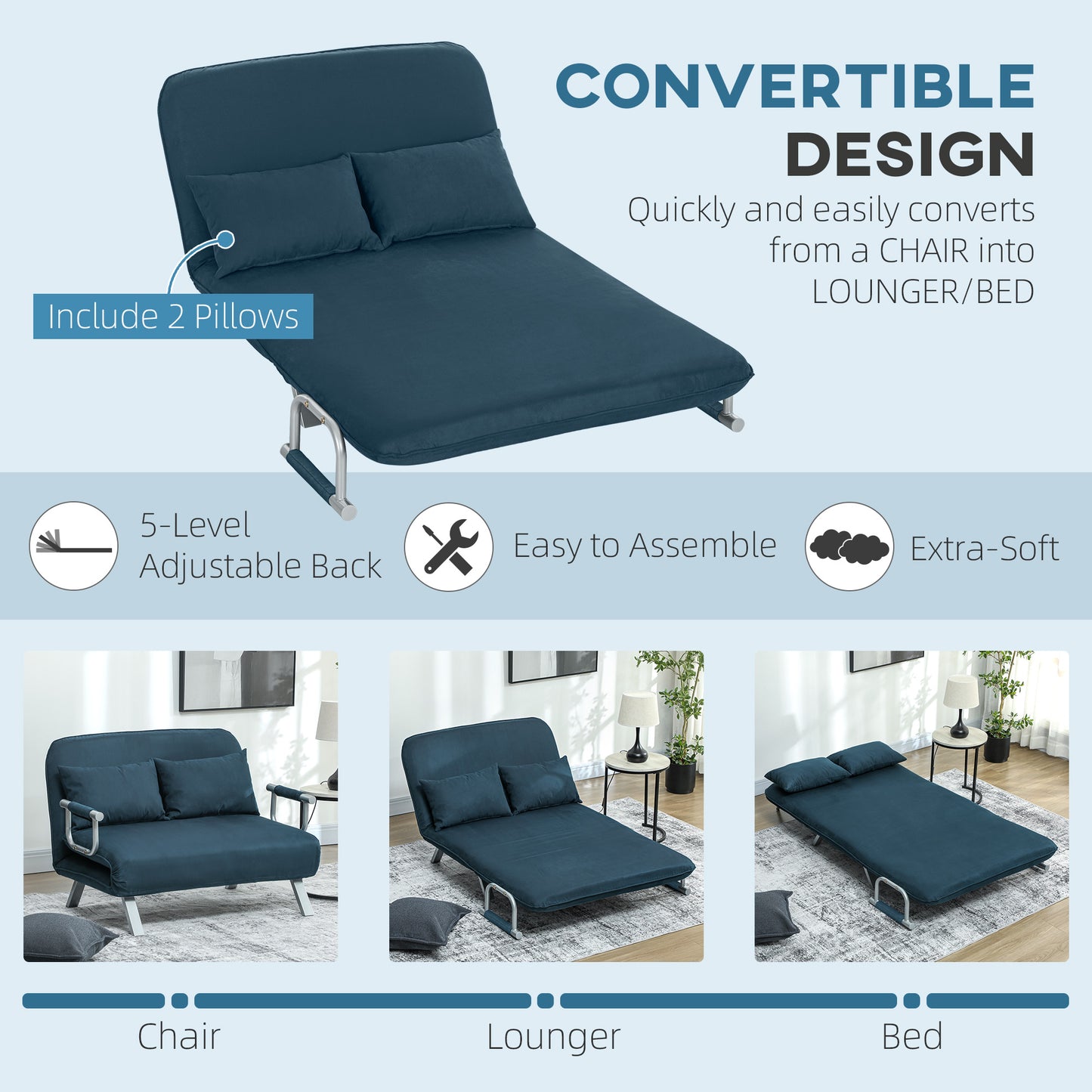 Fabric Convertible 2 Seater Sofa Bed w/ 2 Pillows, Navy Blue