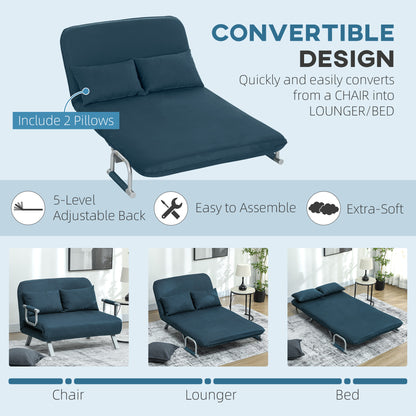 Fabric Convertible 2 Seater Sofa Bed w/ 2 Pillows, Navy Blue