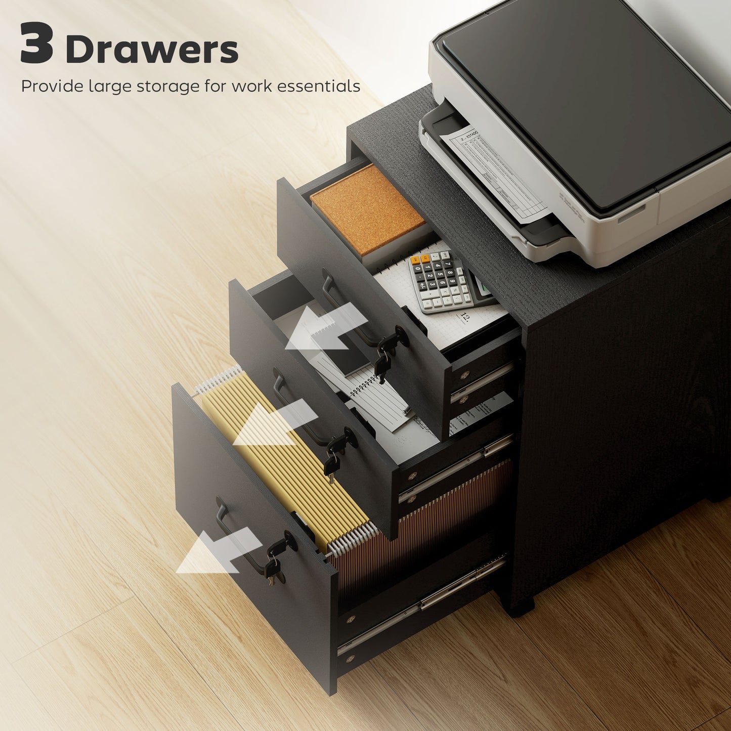 3 Drawer File Cabinet Rolling Filing Cabinet for A4 and Letter Black