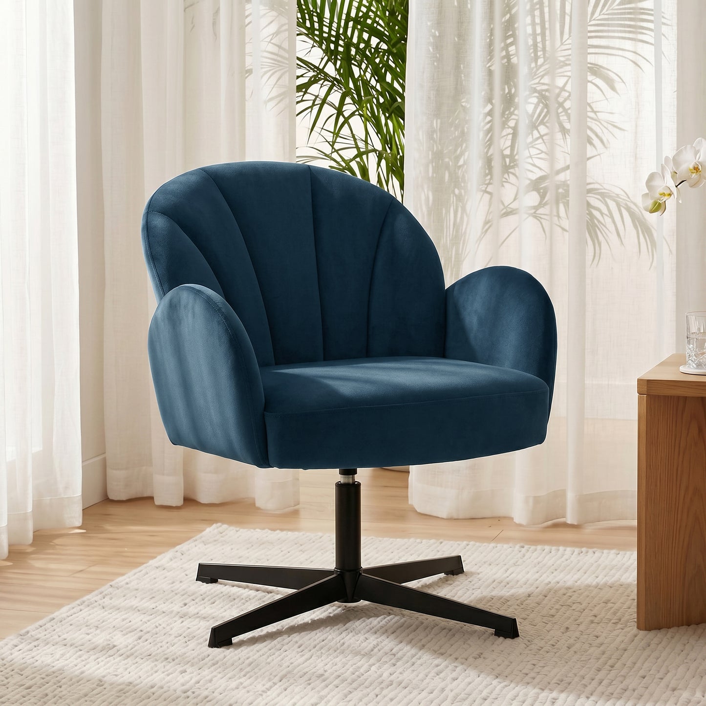 Swivel Accent Chair, Velvet-Feel Fabric Shell-Shaped Armchair with Spring Cushion, Metal Base, Modern Reading Chair for Living Room, Bedroom, Study, Makeup, Dark Blue