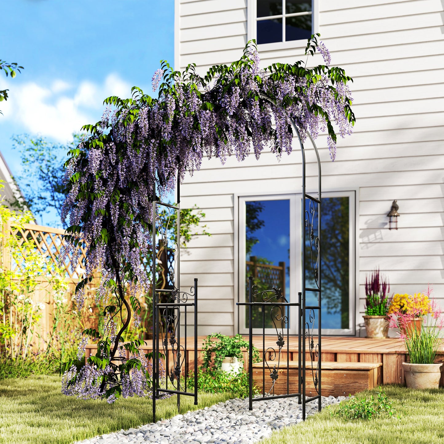 2.17m Steel Garden Arch with Double Gate, Garden Arbor Trellis, Black