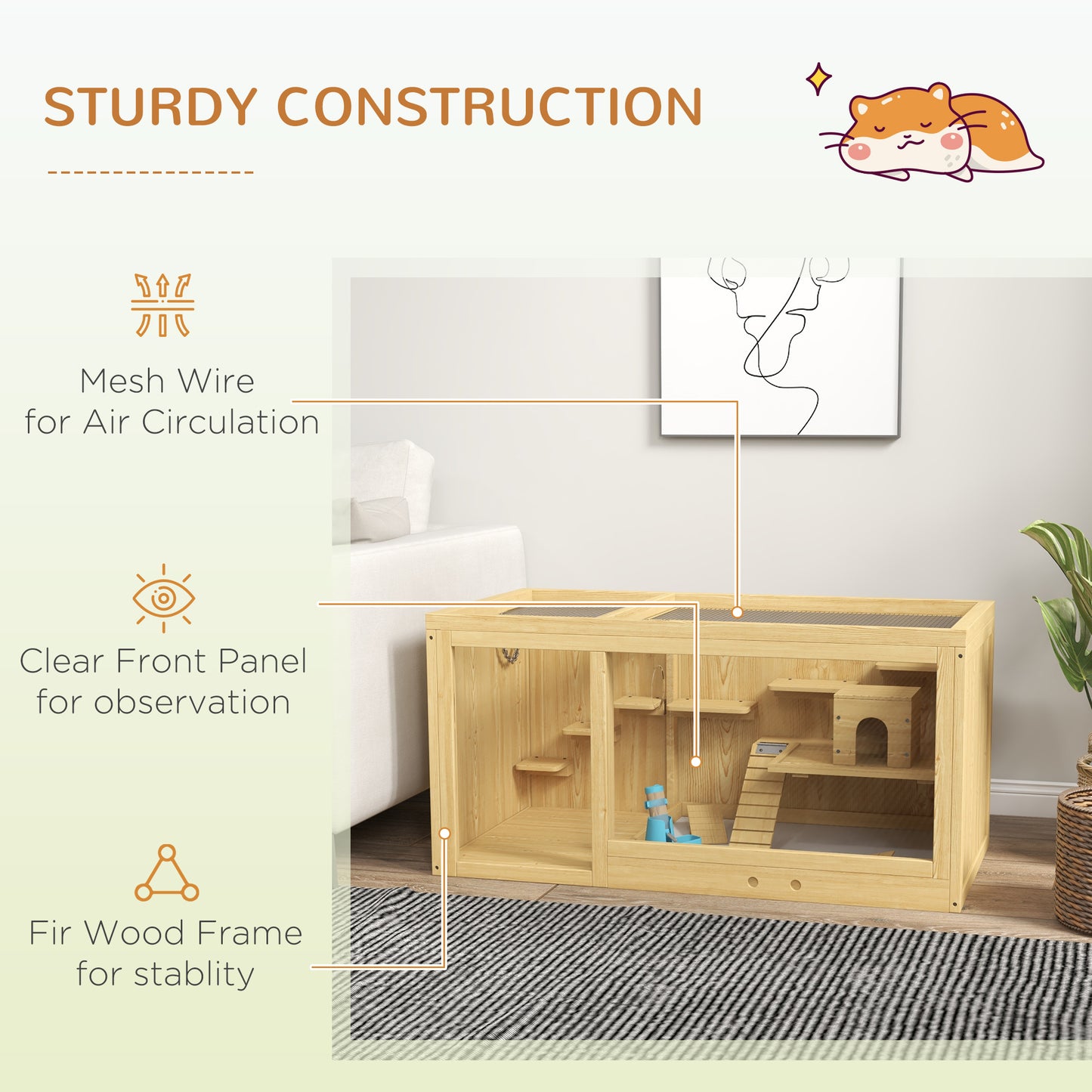 Wooden Hamster Cage with Water Bottle, Platforms, Openable Roof