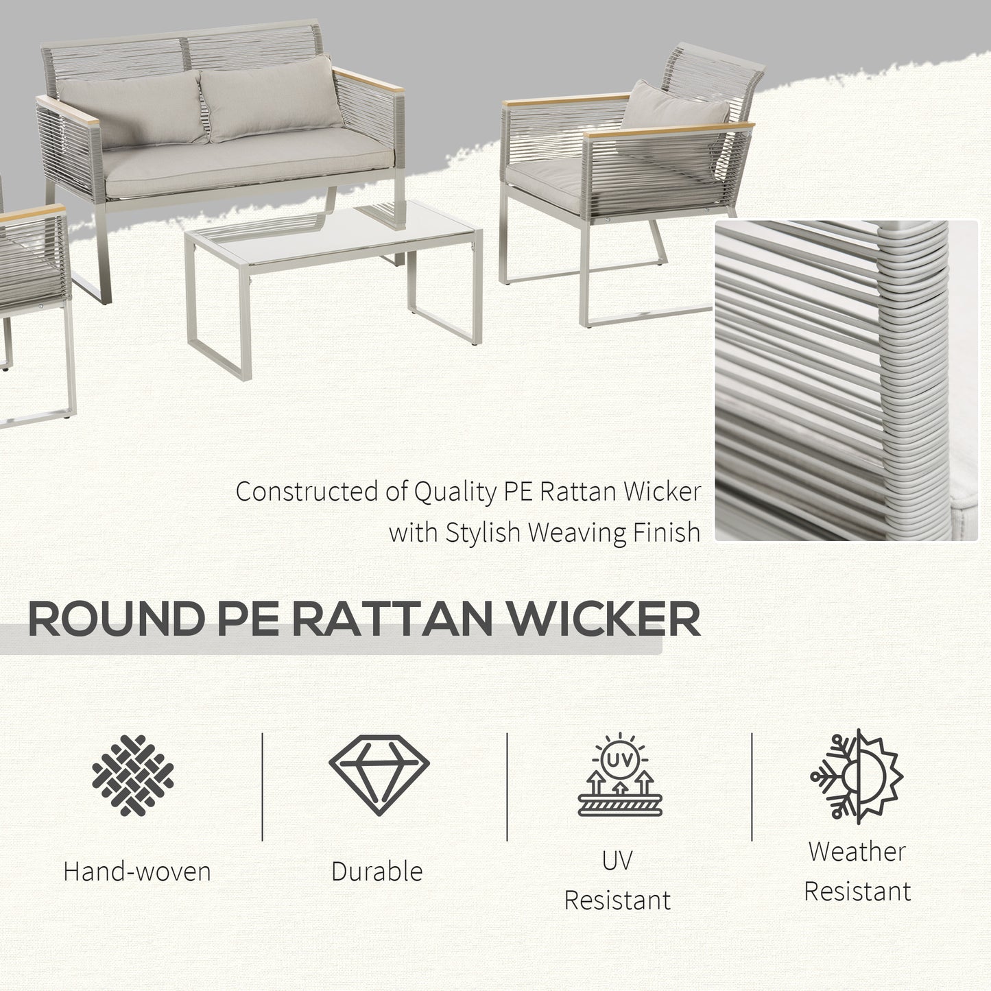 4-Seater Patio Wicker Sofa Set, Outdoor Metal Frame Wrapped Round PE Rattan Conservatory Furniture w/ Cushions, Tempered Glass Table, Grey