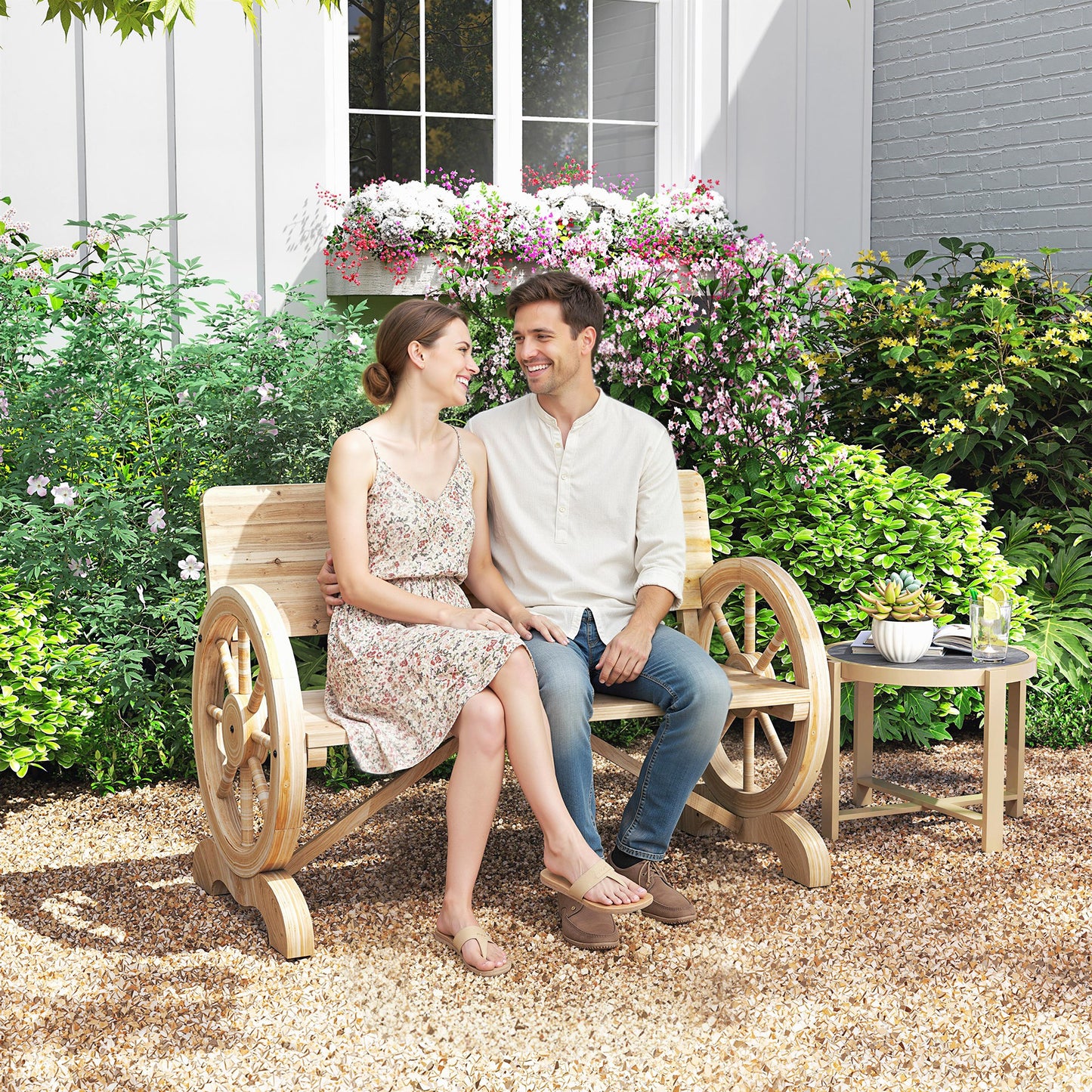 Wooden Garden Bench Outdoor Loveseat with High Back, Natural Wood