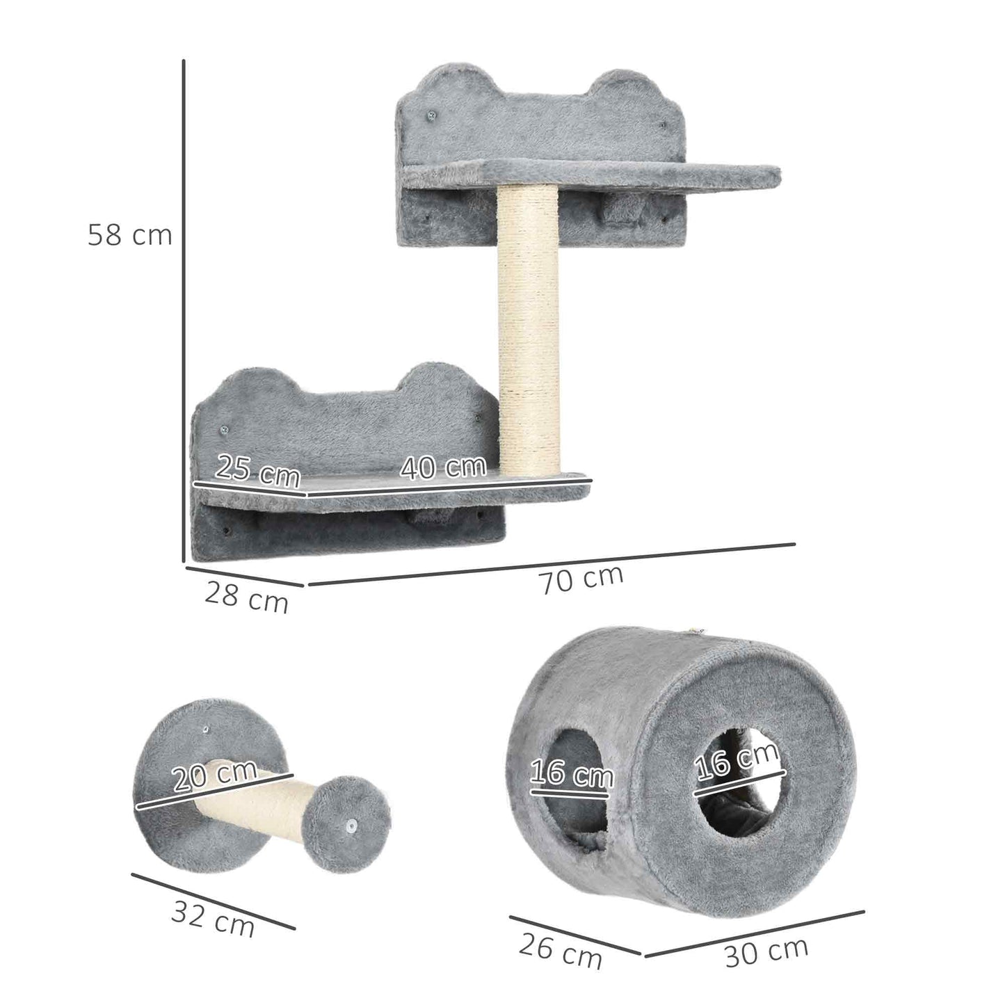 5 PC Wall-Mounted Cat Tree Furniture Perch House Scratching Post Grey