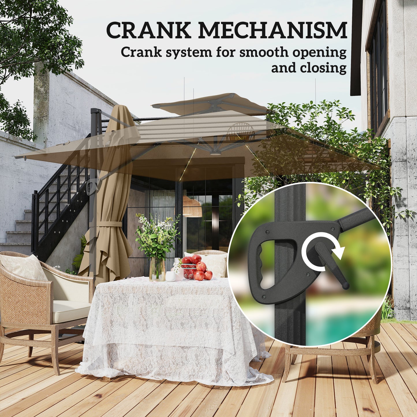 3.5m Aluminium Cantilever Parasol w/ LED Lights Crank Tilt UV50+ Khaki