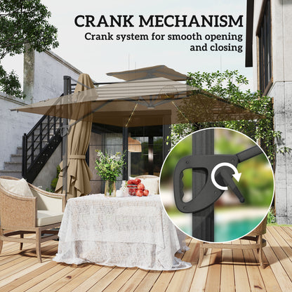 3.5m Aluminium Cantilever Parasol w/ LED Lights Crank Tilt UV50+ Khaki