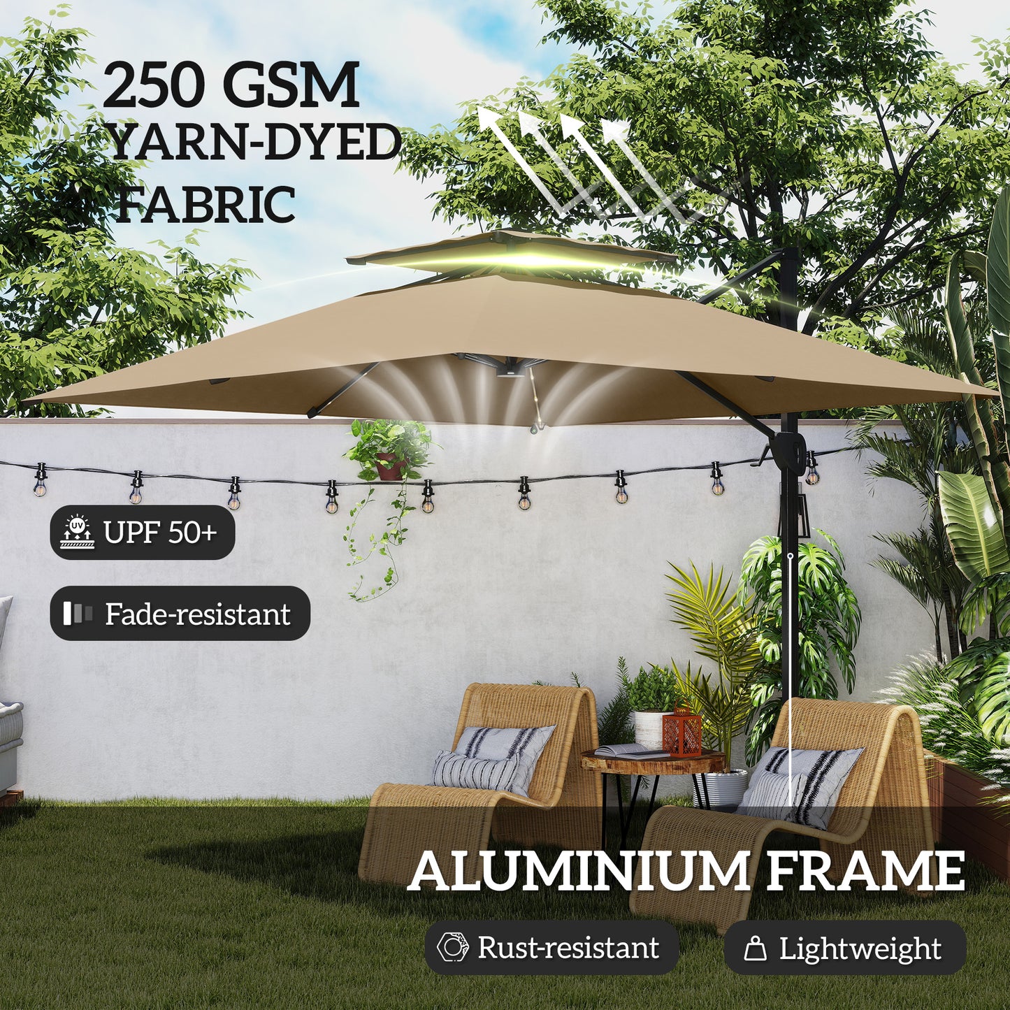3.5m Aluminium Cantilever Parasol w/ LED Lights Crank Tilt UV50+ Khaki