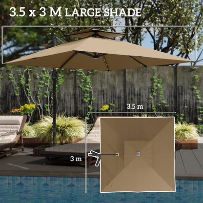 3.5m Aluminium Cantilever Parasol w/ LED Lights Crank Tilt UV50+ Khaki