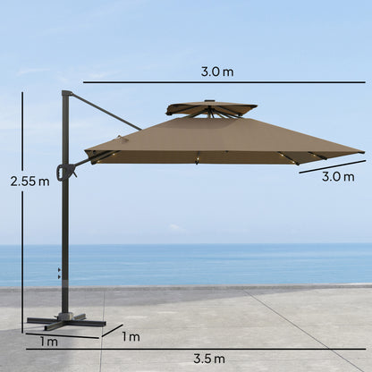 3.5m Aluminium Cantilever Parasol w/ LED Lights Crank Tilt UV50+ Khaki