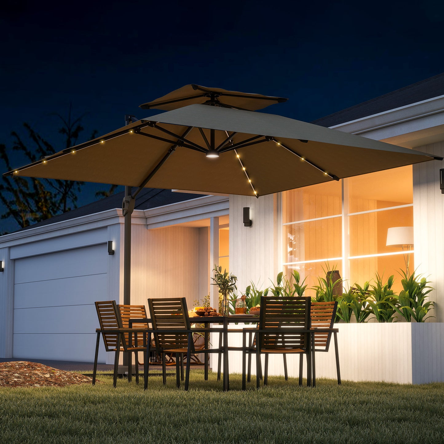 3.5m Aluminium Cantilever Parasol w/ LED Lights Crank Tilt UV50+ Khaki