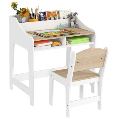 Kids Desk and Chair Set, Children Study Table with Storage, Natural