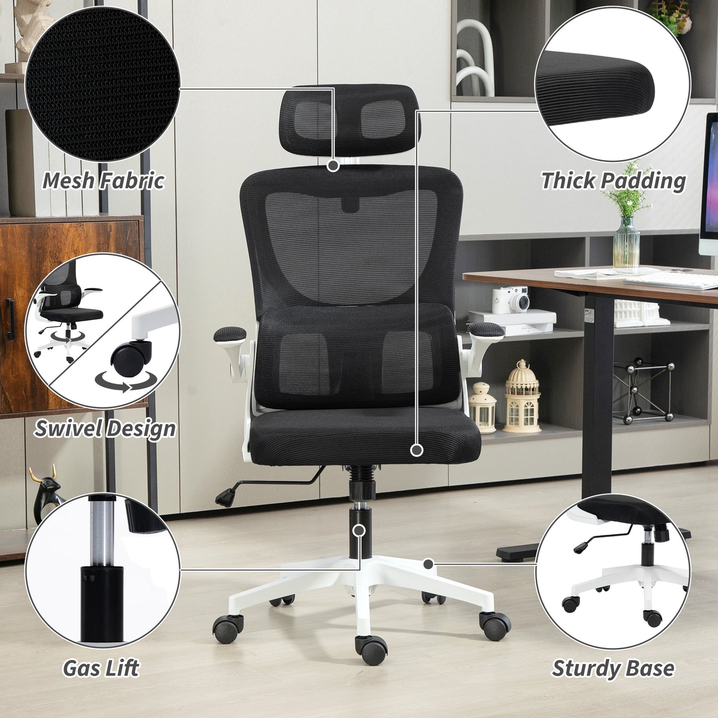 Vinsetto Mesh Office Chair with Adjustable Headrest, Lumbar Support, Black
