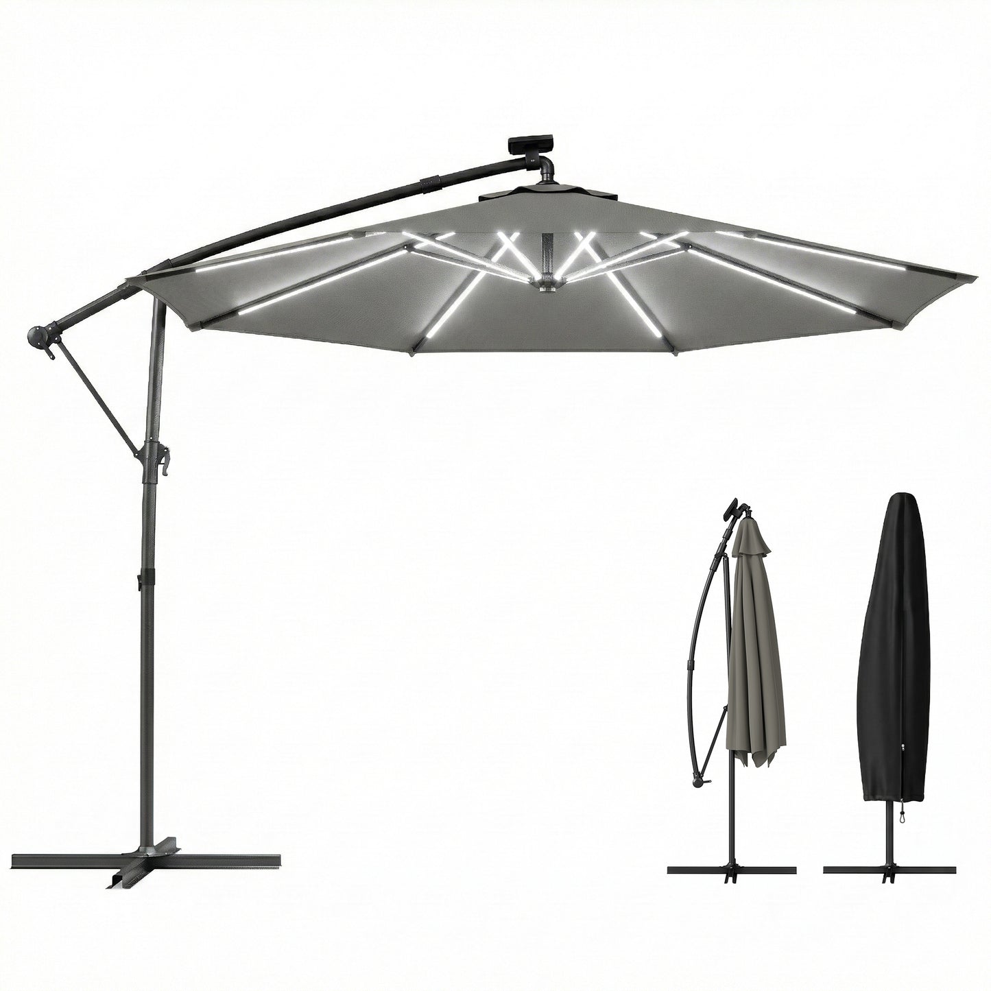 3 m Garden Cantilever Parasol with Solar Light, Rotation, Grey