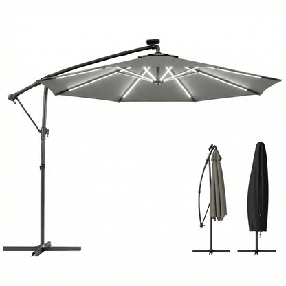 3 m Garden Cantilever Parasol with Solar Light, Rotation, Grey