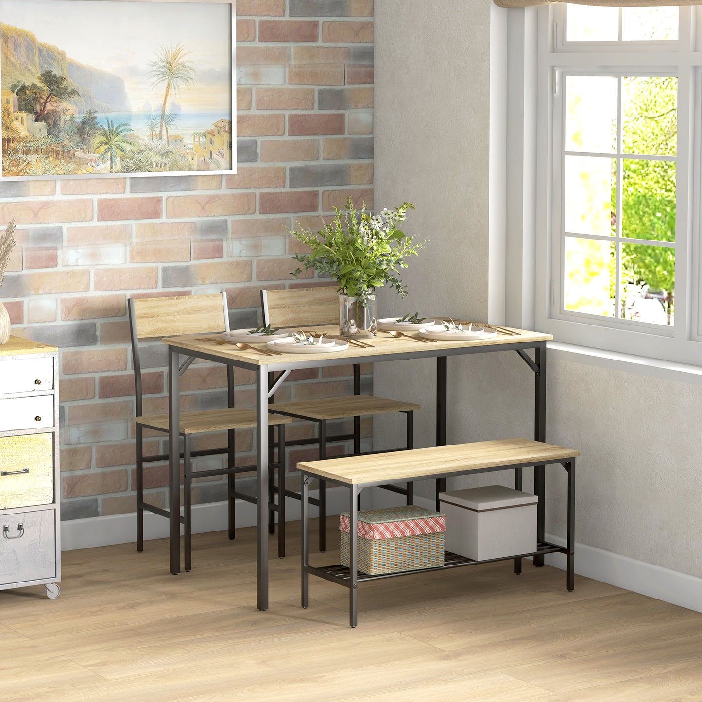 Dining Table and Chairs Set of 4 with 2 Chairs Bench for Kitchen Natural